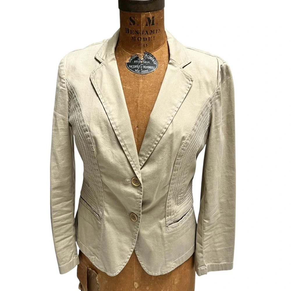DKNY Tan Cropped Blazer Cotton Fitted Office Carrier Preppy Academia‎ Minimalist